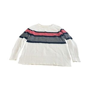 LL Bean Womens Striped Chunky Cable Knit Sweater Size XS White‎ Pink Gray